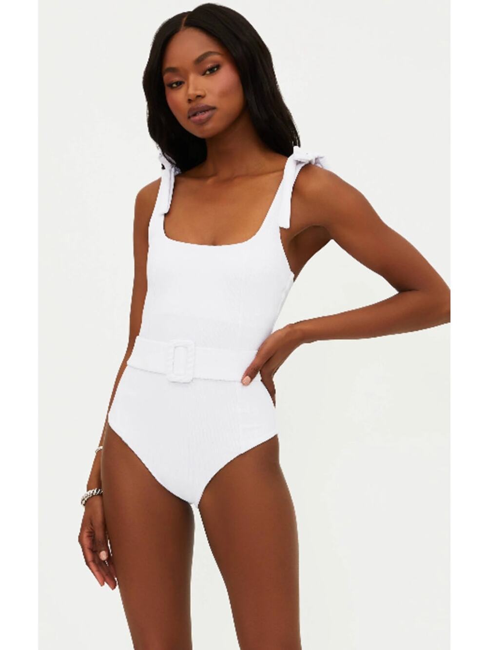 Beach Riot White Textured Tie-Shoulder Belted One-Piece Swimsuit